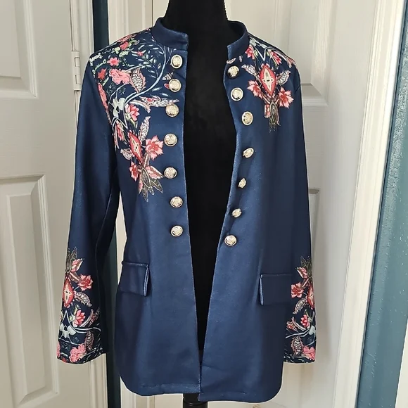 NWT Sinhoon Navy Double Breasted Gold Tone Button Tailored Floral Blazer XL - Picture 11 of 12